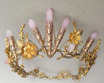 The ARIANA Full Circlet Crown - Rose Quartz Floral Branch Vine Flower Twig Stone