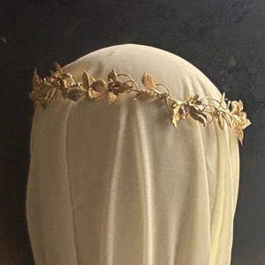 May include: A gold-toned metal headpiece featuring a delicate vine design with small leaves and flowers. The accessory is constructed from thin, interconnected wire branches that form a continuous band, showcasing a detailed botanical motif.