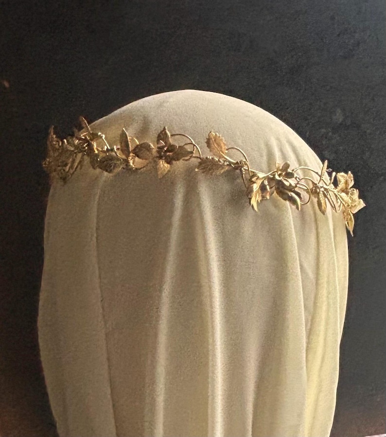May include: A gold-toned metal headpiece featuring a delicate vine design with small leaves and flowers. The accessory is constructed from thin, interconnected wire branches that form a continuous band, showcasing a detailed botanical motif.