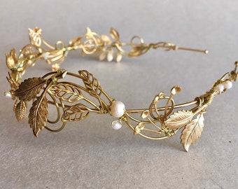 The VERITY Leaf and Pearl Hair Vine Headpiece Headband Bridal Prom Bridesmaid Boho Edwardian Gold Seed Pearls