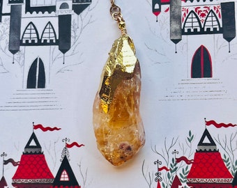 Gold Gilded Raw Yellow Citrine  Quartz Pendant Necklace, Witchy Boho Magic