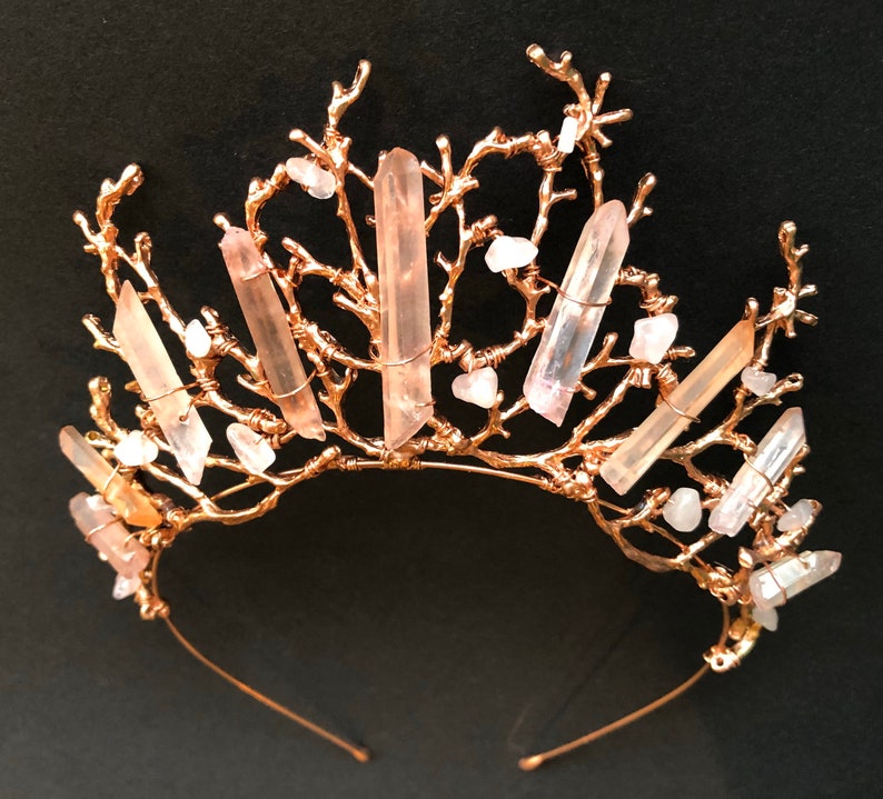 The ADA Crown Tiara Branch Twig Coral Diadem Pink Rose Gold Hematite Quartz Headpiece Mermaid Prom image 4