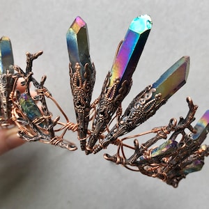 The RAINBOW PERSEPHONE Crown - Raw Crystal Quartz & Copper Branch Twig Antler Coral Crown - Alternative Bride, FestivaL, Fairy Witch