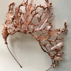 The ADA Crown Tiara Branch Twig Coral Diadem Pink Rose Gold Hematite Quartz Headpiece Mermaid Prom image 5