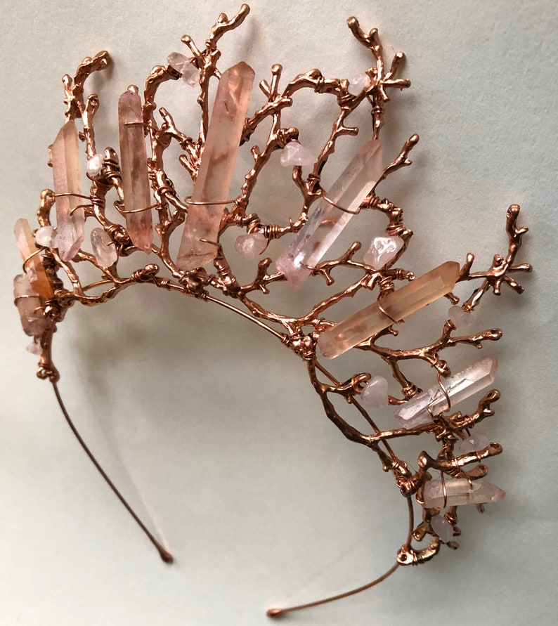 The ADA Crown Tiara Branch Twig Coral Diadem Pink Rose Gold Hematite Quartz Headpiece Mermaid Prom image 5