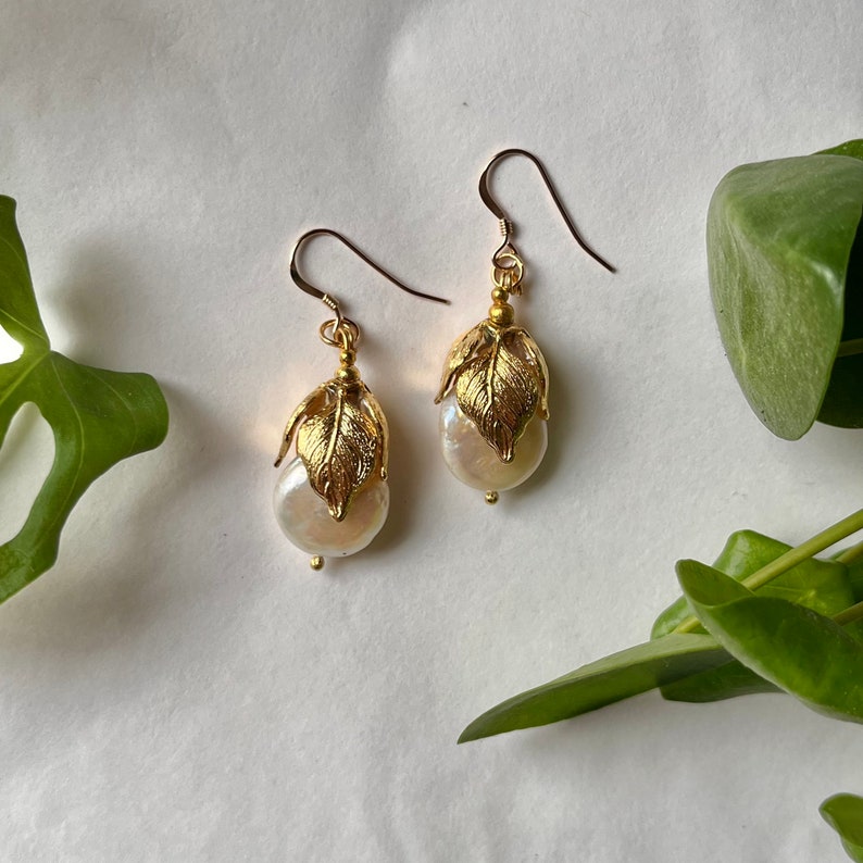 The AGATHA Earrings. Baroque Pearl and Gold Leaf Detail Drop Earrings. Bridal, Gift, Mother, 14ct Gold Fill image 2