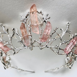 The ROSE URSULA Diadem. Branch Twig Coral Crystal Quartz Woodland Crown Tiara - Pale Pink Hematite Quartz Crystals.