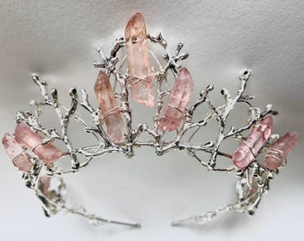 The ROSE URSULA Diadem. Branch Twig Coral Crystal Quartz Woodland Crown Tiara - Pale Pink Hematite Quartz Crystals.