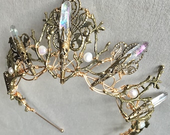The EVANGELINE Crown, Angel Aura Rainbow Quartz Crystal, Filigree, Tiara, Prom, Festival, Wedding, Bridal, Fairy, Branch, Leaf, Flower