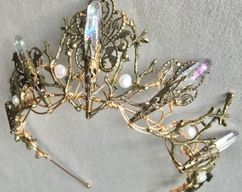 The EVANGELINE Angel Aura Quartz Crystal Crown, Branch Filigree Tiara