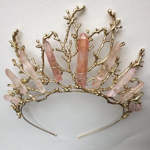 The ADA Crown Tiara Branch Twig Coral Diadem Pink Rose Gold Hematite Quartz Headpiece Mermaid Prom image 9