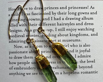 Gold Green Raw Crystal Quartz Earrings Statement Hook Gilt Dipped