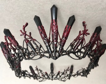 The VIVIENNE - Black Burgundy Red Ombre Crystal Full Crown Circlet Wreath Vampire Cosplay Witch Halloweeen Prom Onyx Obsidian Goth Gothic