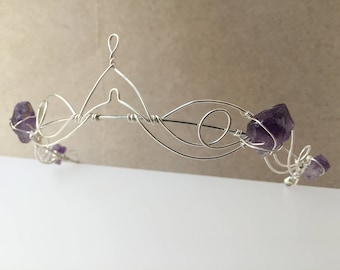 The EVELYN Crown - Dainty Elvin Amethyst Crystal Crown - Magical Unique Crown Tiara, with Natural Raw Amethyst Stones.