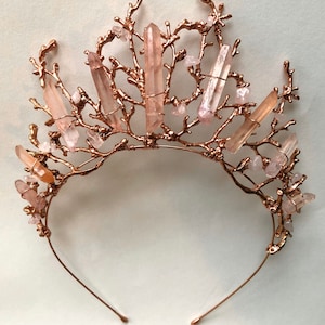 The ADA Crown Tiara Branch Twig Coral Diadem Pink Rose Gold Hematite Quartz Headpiece Mermaid Prom image 8