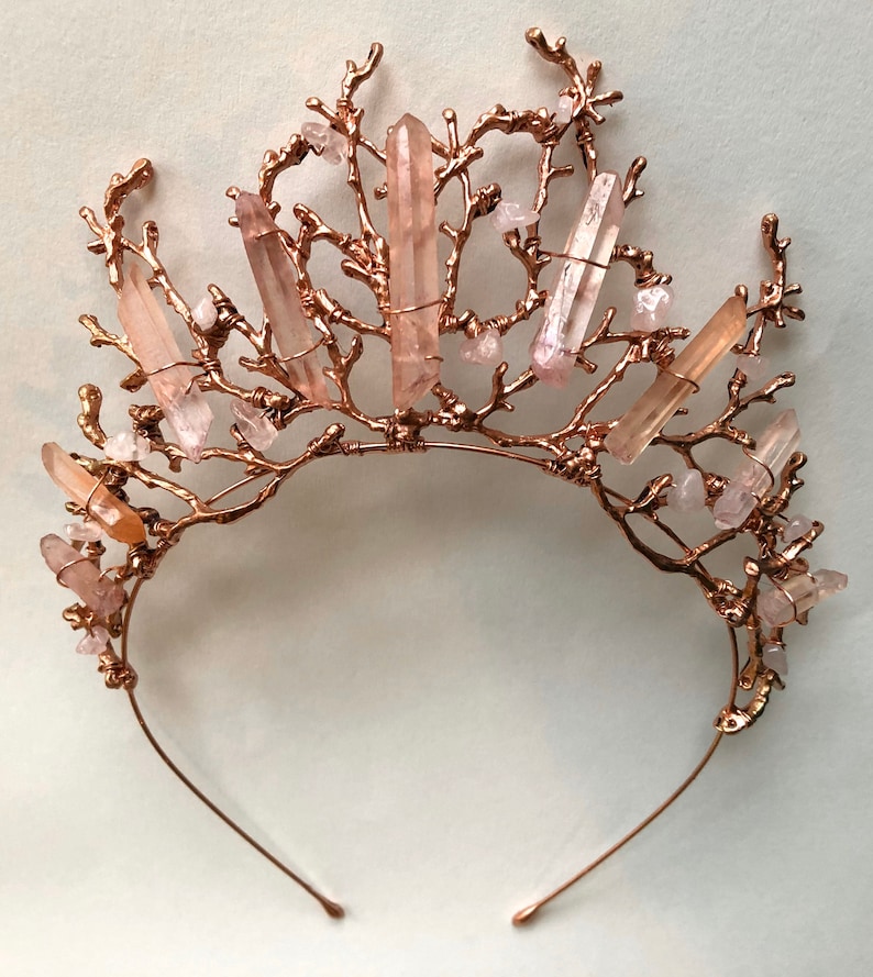 The ADA Crown Tiara Branch Twig Coral Diadem Pink Rose Gold Hematite Quartz Headpiece Mermaid Prom image 8