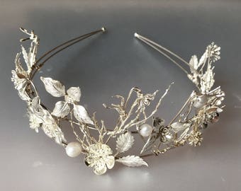 The OLWYN Branch Twig Pearl Flower Floral Leaf Crown Tiara. Winter, Ice Queen, Prom, Festive, Christmas, Snow, Frost, Bridal