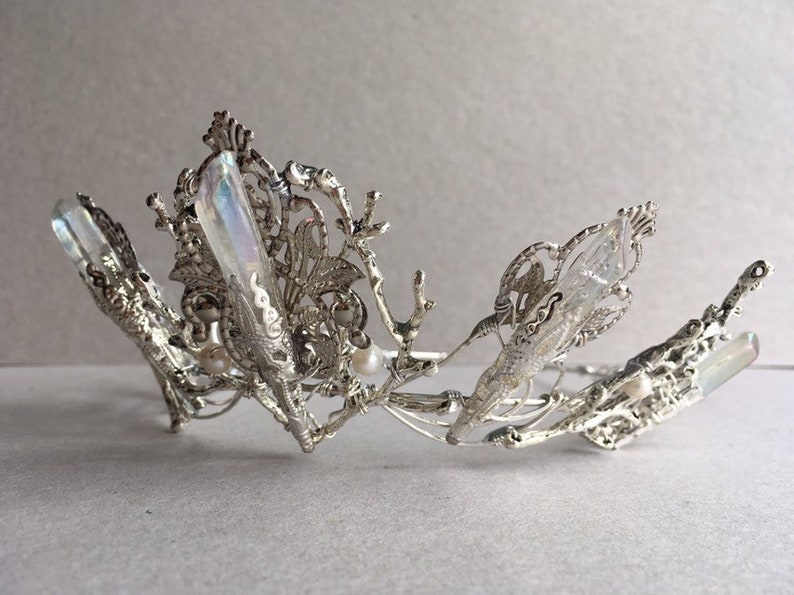 The EVANGELINE Crown, Angel Aura Rainbow Quartz Crystal, Filigree, Tiara, Prom, Festival, Wedding, Bridal, Fairy, Branch, Leaf, Flower image 10