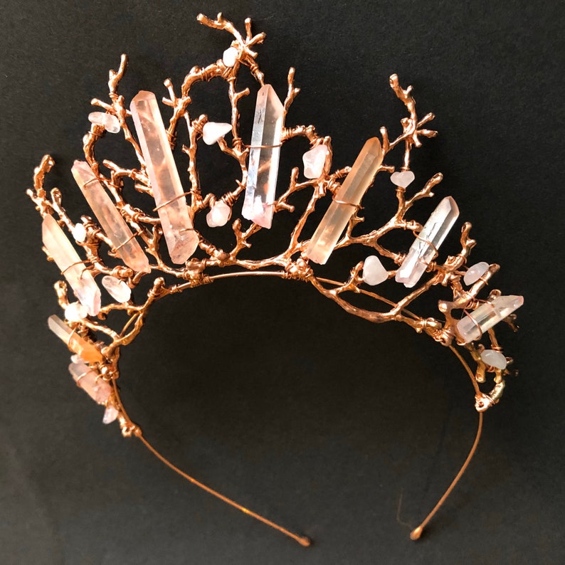 The ADA Crown Tiara Branch Twig Coral Diadem Pink Rose Gold Hematite Quartz Headpiece Mermaid Prom image 7