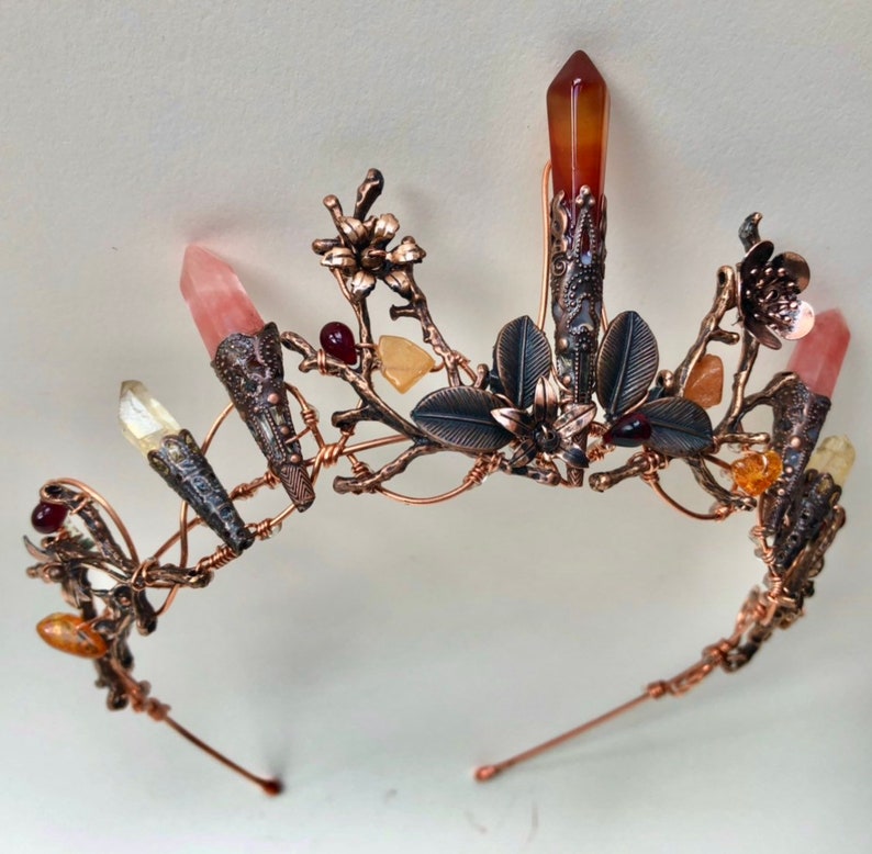 The AUBREY fire stone and flowers Crystal crown tiara. Blood Amber, Citrine, Garnet and Quartz. Vintage, Woodland, Bride, Game of Thrones image 5