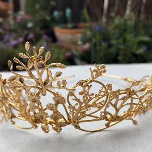 The VEDA Crown Rose Gold Organic Flower Leaf Tiara, Delicate Dainty Floral Leaves Prom Festival Bride Bridesmaid Pink image 2