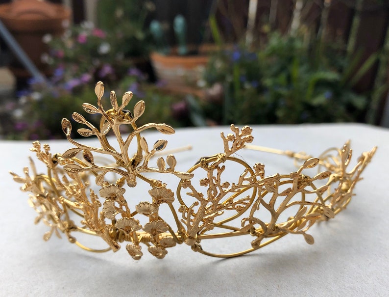 The VEDA Crown Rose Gold Organic Flower Leaf Tiara, Delicate Dainty Floral Leaves Prom Festival Bride Bridesmaid Pink image 2