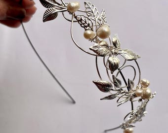 The LILITH Leaf and Pearl Assymetrical Hair Vine Headpiece Headband Bridal Prom Bridesmaid Boho Edwardian Gold Silver Seed Pearls