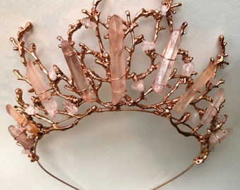 The ADA Crown Tiara Branch Twig Coral Diadem Pink Rose Gold Hematite Quartz Headpiece Mermaid Prom