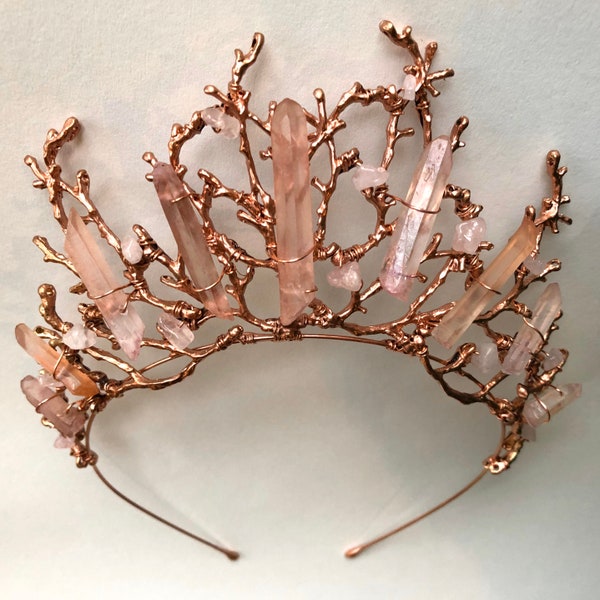 De ADA Crown Tiara Tak Takje Koraal Diadeem Roze Rose Goud Hematiet Kwarts Hoofddeksel Zeemeermin Prom