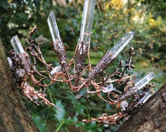 The PERSEPHONE Crown - Clear Raw Crystal Quartz & Copper Branch Twig Antler Coral Crown - Alternative Bride, Festival, Woodland, Fairy Witch