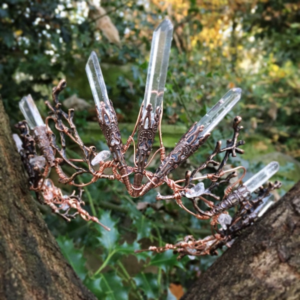 The PERSEPHONE Crown - Clear Raw Crystal Quartz & Copper Branch Twig Antler Coral Crown - Alternative Bride, Festival, Woodland, Fairy Witch
