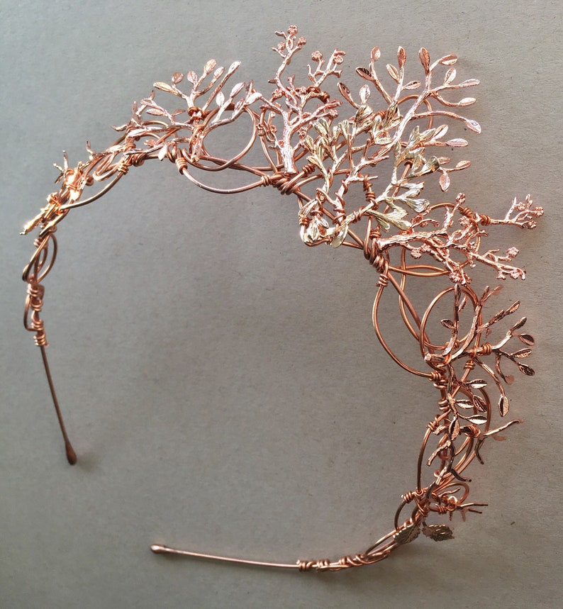 The VEDA Crown Rose Gold Organic Flower Leaf Tiara, Delicate Dainty Floral Leaves Prom Festival Bride Bridesmaid Pink image 7