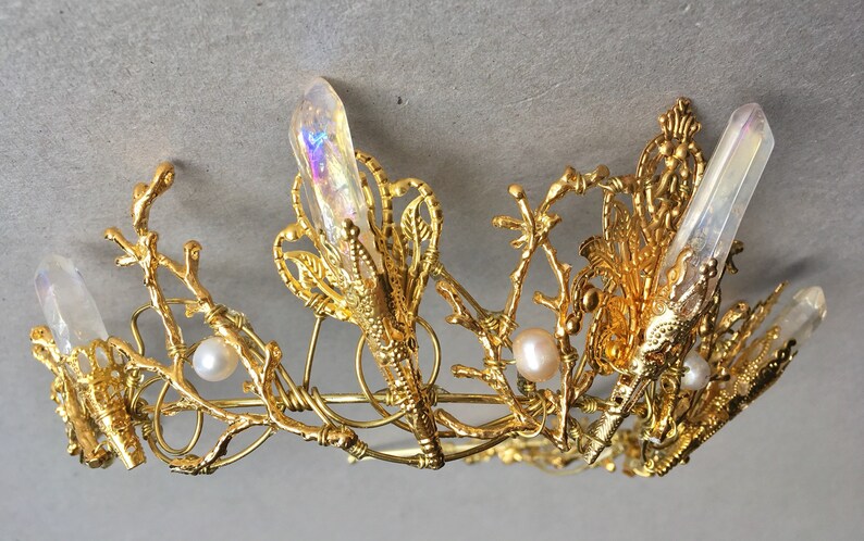 The EVANGELINE Crown, Angel Aura Rainbow Quartz Crystal, Filigree, Tiara, Prom, Festival, Wedding, Bridal, Fairy, Branch, Leaf, Flower image 6