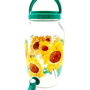 Barattolo da tè in vetro vintage anni &#39;80 con girasoli e sole