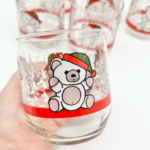 Set of 6 vintage teddy bear glasses - vintage Christmas party cups red green Santa hat