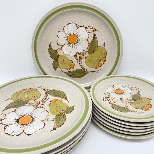 Stoneware Statastone Floral Plates 1970s sold separately Vintage made in Japan - dinner plate, side plate, oven, dishwasher safe verte