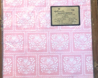 Vintage pink wedding wrapping paper - new old stock, bells, giftwrap