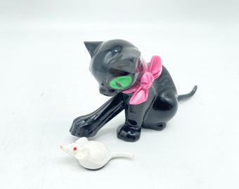Vintage Magnetic Cat & Mouse Toy, Plastic Black Cat, West Germany  mid Century 1960s