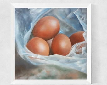 Original still life, oil painting of eggs, small food painting, kitchen wall art
