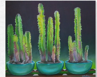 Original green oil painting, cacti painting on canvas, nature garden wall art