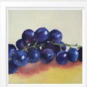 Original  small painting of black grapes, still life fruit painting, oil painting on wood, kitchen dining wall art