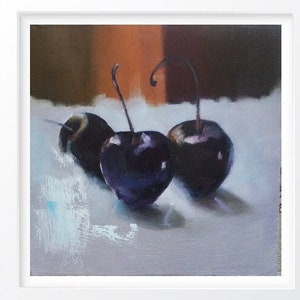 Small still life painting of black cherries, original oil painting of fruit