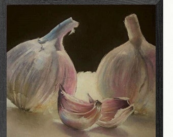 Still life oil painting, food wall art original, small painting, painting of garlic, kitchen dining room  small painting,