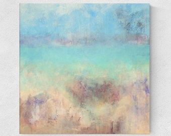 Abstract seascape painting on canvas, large square coastal acrylic painting,  original abstract sky blue painting