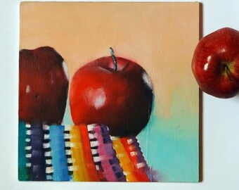 Still life oil painting of apples, small fruit painting for kitchen