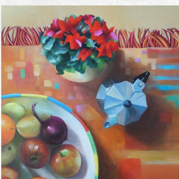 Still life oil painting on canvas, original painting of fruit and coffee pot, square painting, kitchen dining wall art