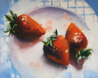 Strawberry oil painting, small still life painting, original oil painting of fruit