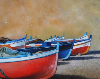 Oil painting of Sicilian fishing boats, painting from Sicily on wood