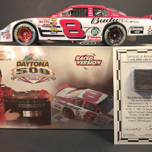 Dale Earnhardt Jr 2004, #8 Budweiser/Born on Date, Coin Bank. Raced version of Daytona Win. Authentic piece of tire included!