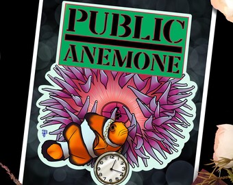 Public Anemone Art Print, Tattoo Style, A5, A4, mock, public enemy, rap, rock, fandom, sea, fish, funny, cute, nemo